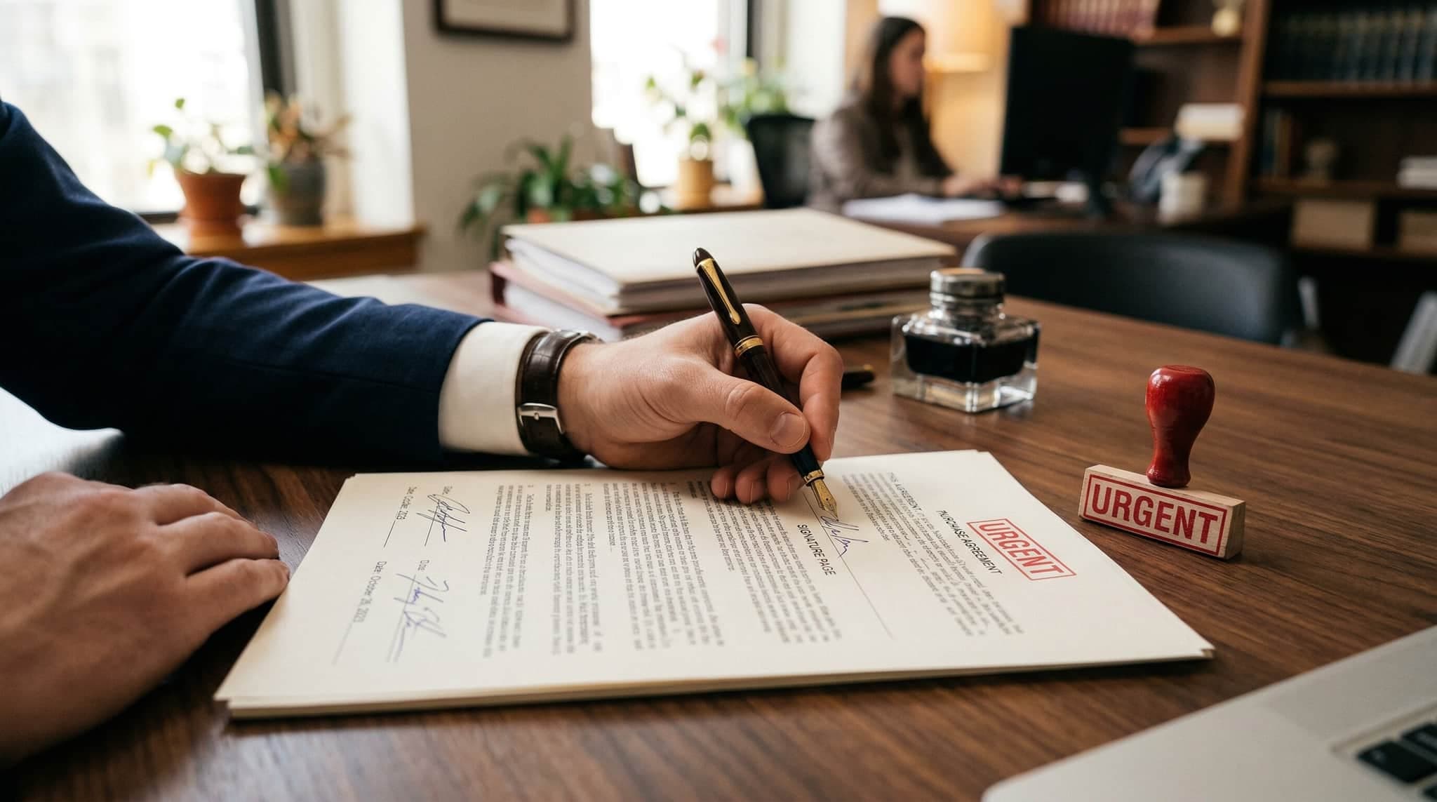 Person unterschreibt ein Dokument mit rotem Stempel „Außerordentlich