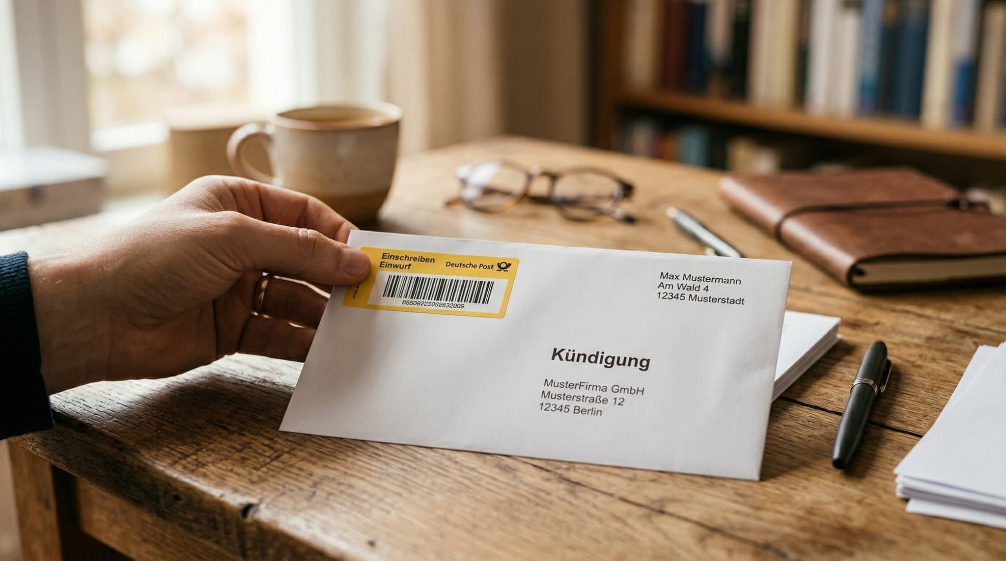 Briefumschlag mit Einschreiben-Aufkleber liegt auf einem Holztisch