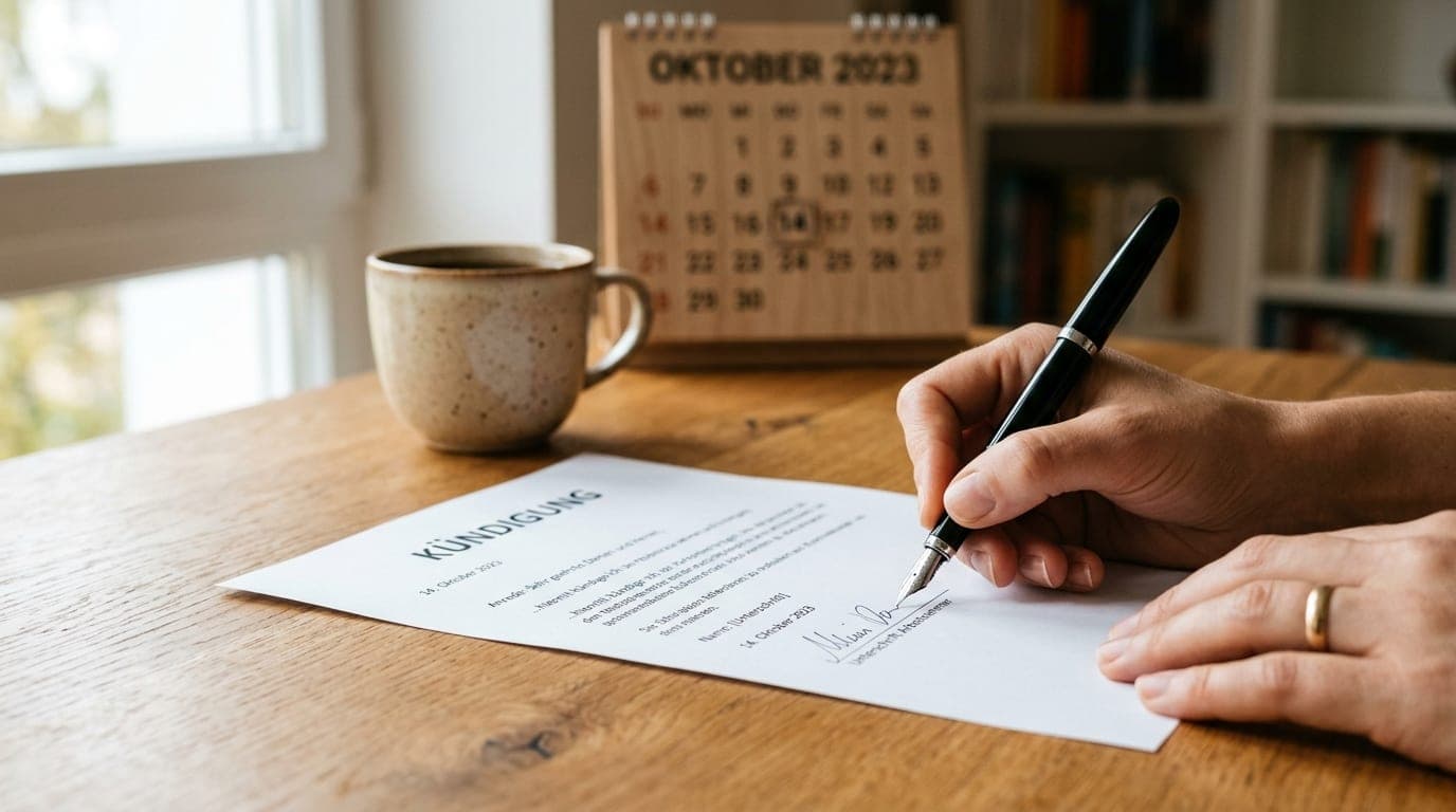 Person unterschreibt am Holzschreibtisch ein Kündigungsschreiben für den Arbeitsvertrag