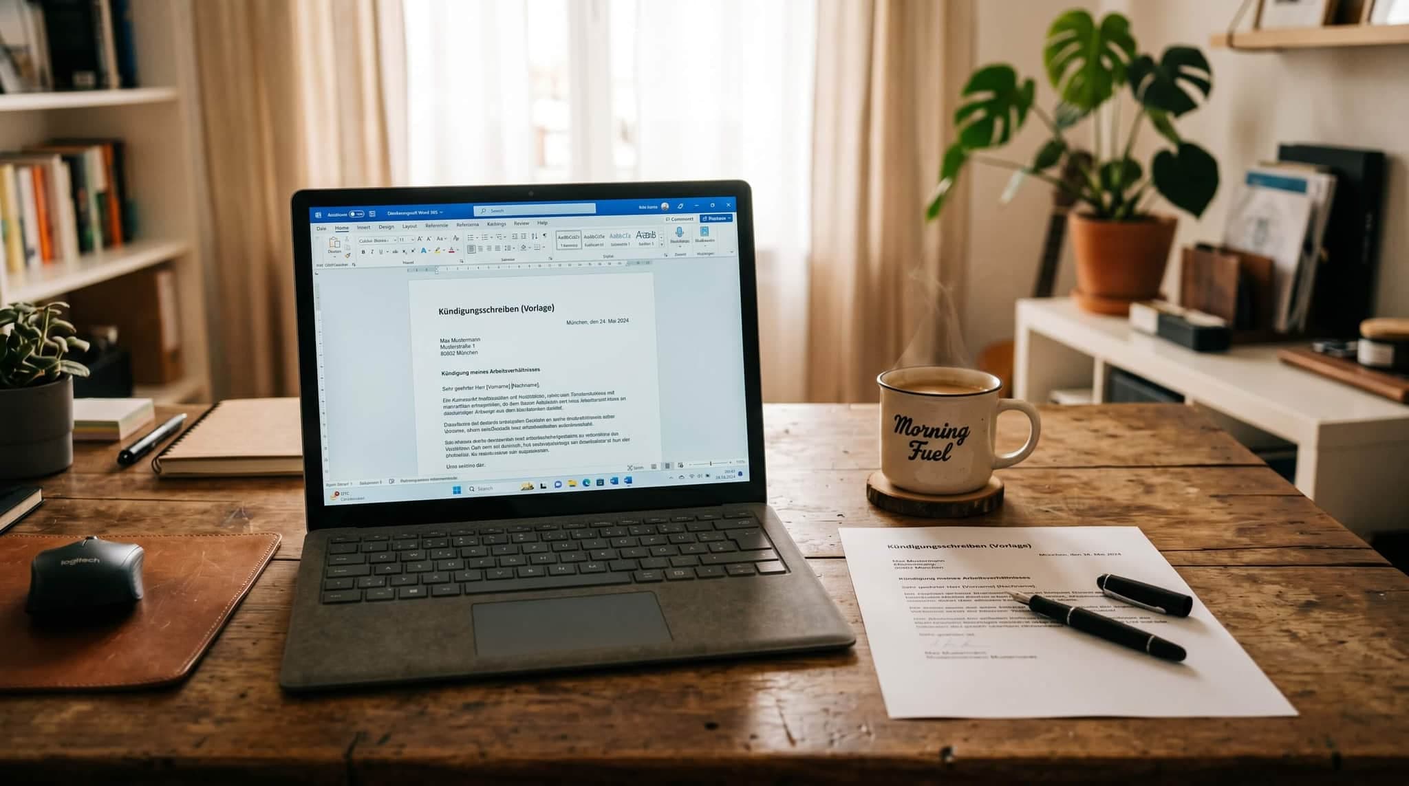 Microsoft Word-Dokument mit Kündigungsschreiben auf Laptop, gedruckte Kopie, Kaffee, Morgenlicht