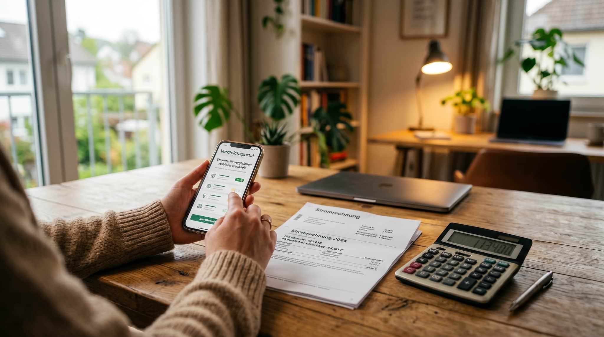 Stromrechnung auf Holzschreibtisch mit Taschenrechner und Smartphone — Stromanbieter wechseln
