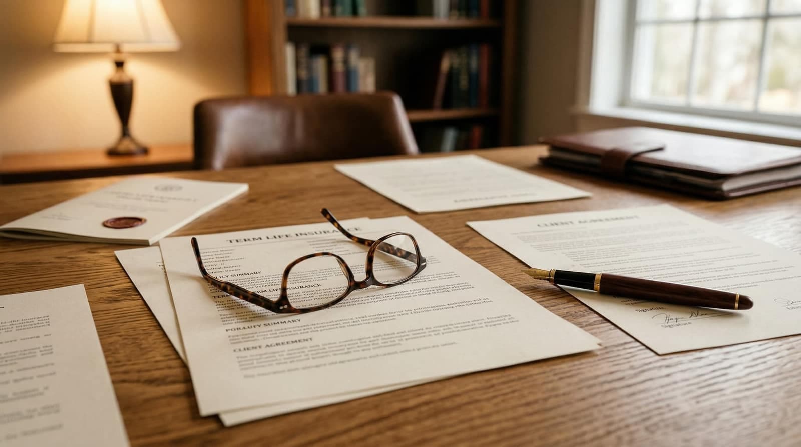 Versicherungsunterlagen und ein Stift auf einem Schreibtisch